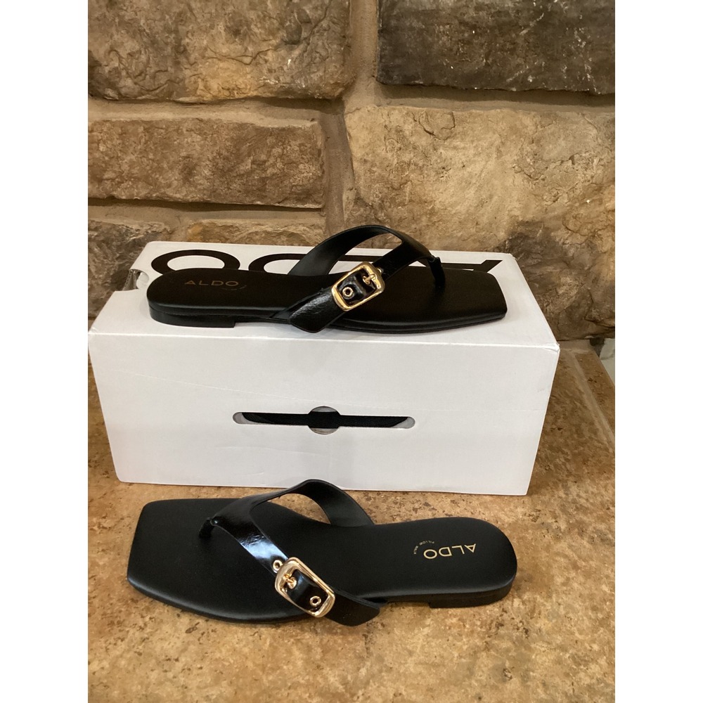 Aldo Leonnia Black Square Toe Buckle Thong Sandals Pillow Walk Womens 6 NEW